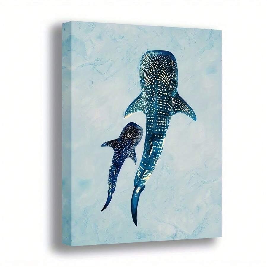 Impresión de arte mural en lienzo de una pieza plana 2D de la familia de tiburones ballena - Póster moderno retro de vida marina con marco de madera y decoración simple, adecuado para sala de estar, dormitorio, cocina, oficina - Retrato familiar de tiburones ballena nadando, decoración de tiburones ballena - Multicolor - Ver 1