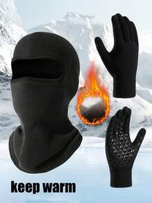1 Set Face Mask Scarf + 1 Pair Gloves Solid Color Warm Outfit, Thick Winter Outdoor Cold-Proof Hat With Thermal Lined