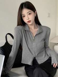 Women's Solid Color Stand Collar Fishbone Short Jacket, Slim Fit Zip-Up Long Sleeve Top - Grey - View 4