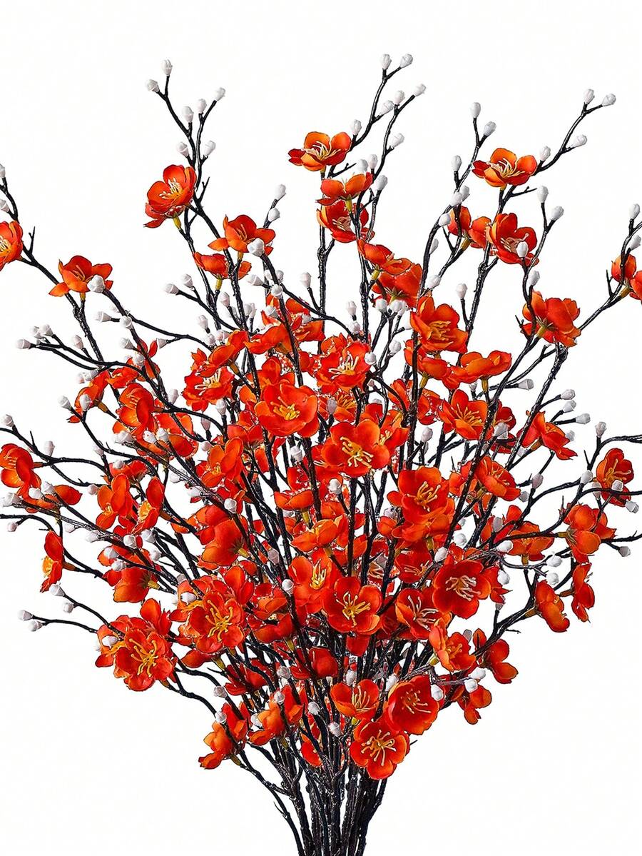 8/12pcs Artificial Flowers Orange Plum Blossom 21.7'' Fake Winter Sweet Long Stem Plastic Flowers For Halloween Home Hotel Office Wedding Party Garden Decor
