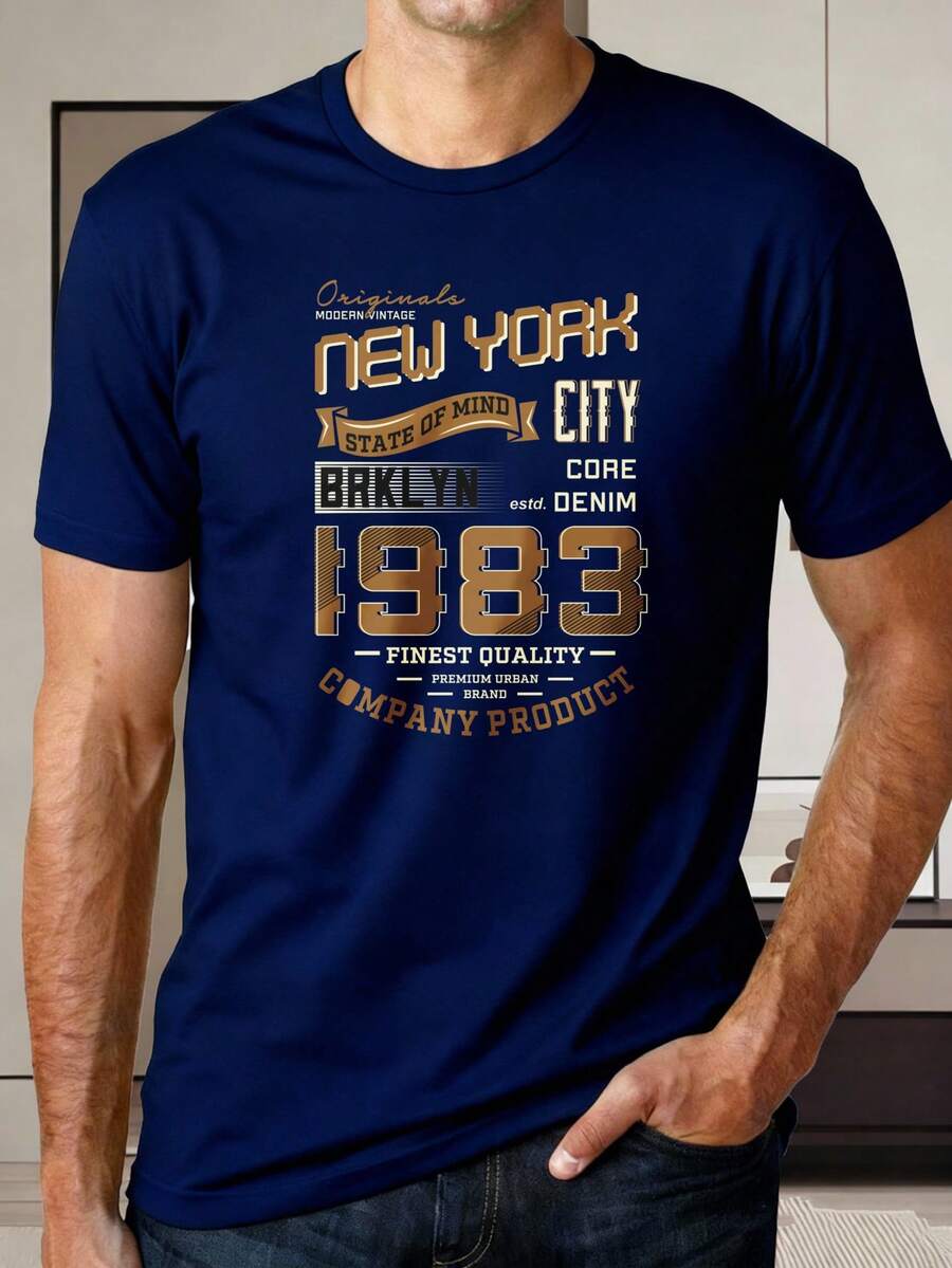 Men's Fashion T-Shirt, Black Short Sleeve T-Shirt With New York City 1983 Print, Original Denim For Men, Ideal For Daily Wear, Casual Outings, And Modern Urban Style, Perfect For Dates, Holiday Gifts - 藏蓝色 - 查看 1