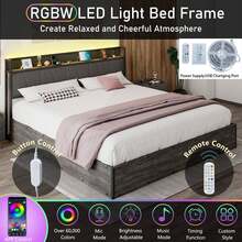 Full/Queen/King Size Linen Upholstered Lift Up Bed Frame With LED Light And Storage Headboard, Modern Platform Bed Frame Featuring Charging Station, Noisy Free Design And No Box Spring Needed, Bedroom Furniture Accent, Grey - Xem 9