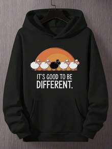 Sudadera con capucha de patrón de ovejas divertido para hombres - Eslogan La diferencia hermosa, diseño de ovejas y atardecer, sudadera casual con bolsillos - Negro - Ver 12