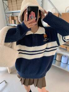 Casual Polo Collar Colorblock Striped Drop Shoulder Sweater, Autumn/Winter - Navy Blue - View 3