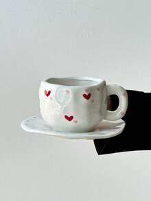 1 Set Heart-Shaped Ceramic Coffee Cup & Saucer, Elegant Minimalist Ceramic Mug, High-Quality Hand-Painted Ceramic Cup, Water Cup, Breakfast Milk Cup, Juice Cup, Party & Afternoon Tea Cup, Saudi Coffee Cup, Gift Cup - Multicolor - View 11