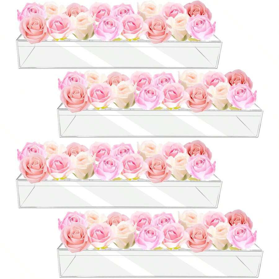 Jarrón de flores acrílico rectangular, jarrones de flores bajos y largos transparentes para arreglos florales, decoración de centros de mesa para el hogar, oficina, boda, Acción de Gracias, Navidad y fiestas - transparente - Ver 1