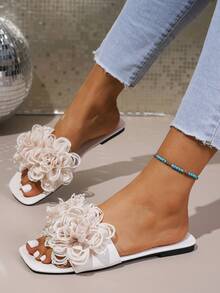 Women's Floral Print Fairy Fabric Thong Sandals, Beach Wear For Summer - White - View 3