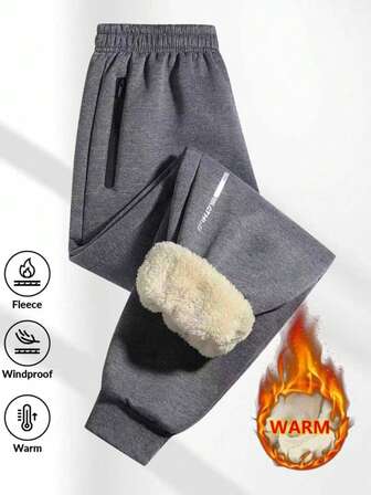 1 Piece Of Men's Casual Fleece Leg Tied Pants With Zippered Pockets, Featuring Thick Lamb Wool Lining For Warmth And A Comfortable And Cozy Wearing Experience.