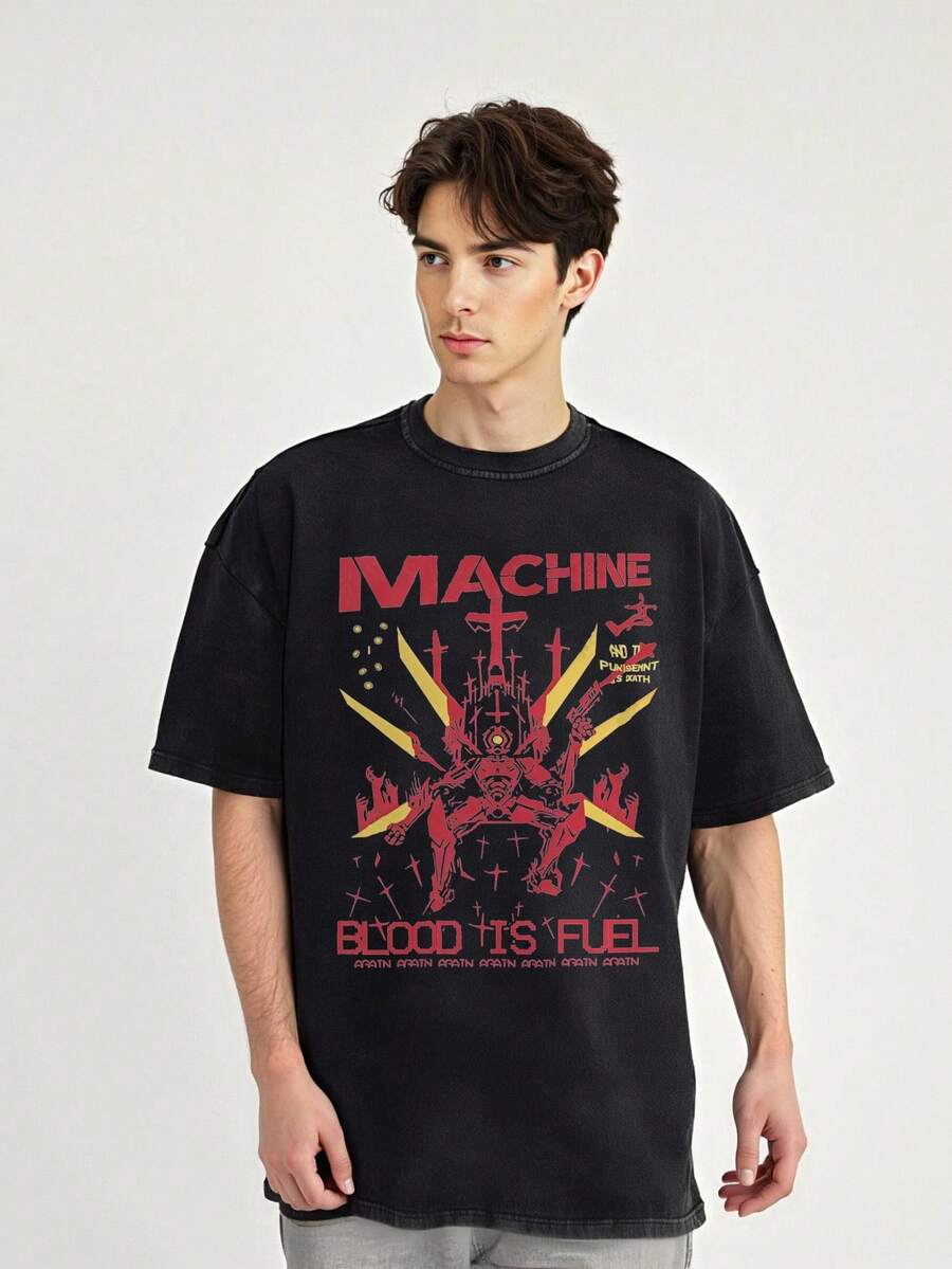 Ultrakill Gabriel Game Graphic T-Shirt- Retro Washed Black Tee With Red "MACHINE"& "BLOOD IS FUEL" Print, Harajuku Streetwear For Men& Women, Unisex Adult Casual Gaming Apparel - 黑色 - 查看 1