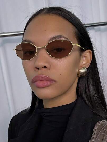 1 件装女士复古金属椭圆形时尚眼镜，不锈钢镜框，金色，适合派对佩戴