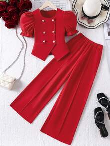 2pcs/Set Girls Elegant Puff Sleeve Round Neck Top And Casual Straight Leg Pants Outfit, Spring/Summer - Red - View 1