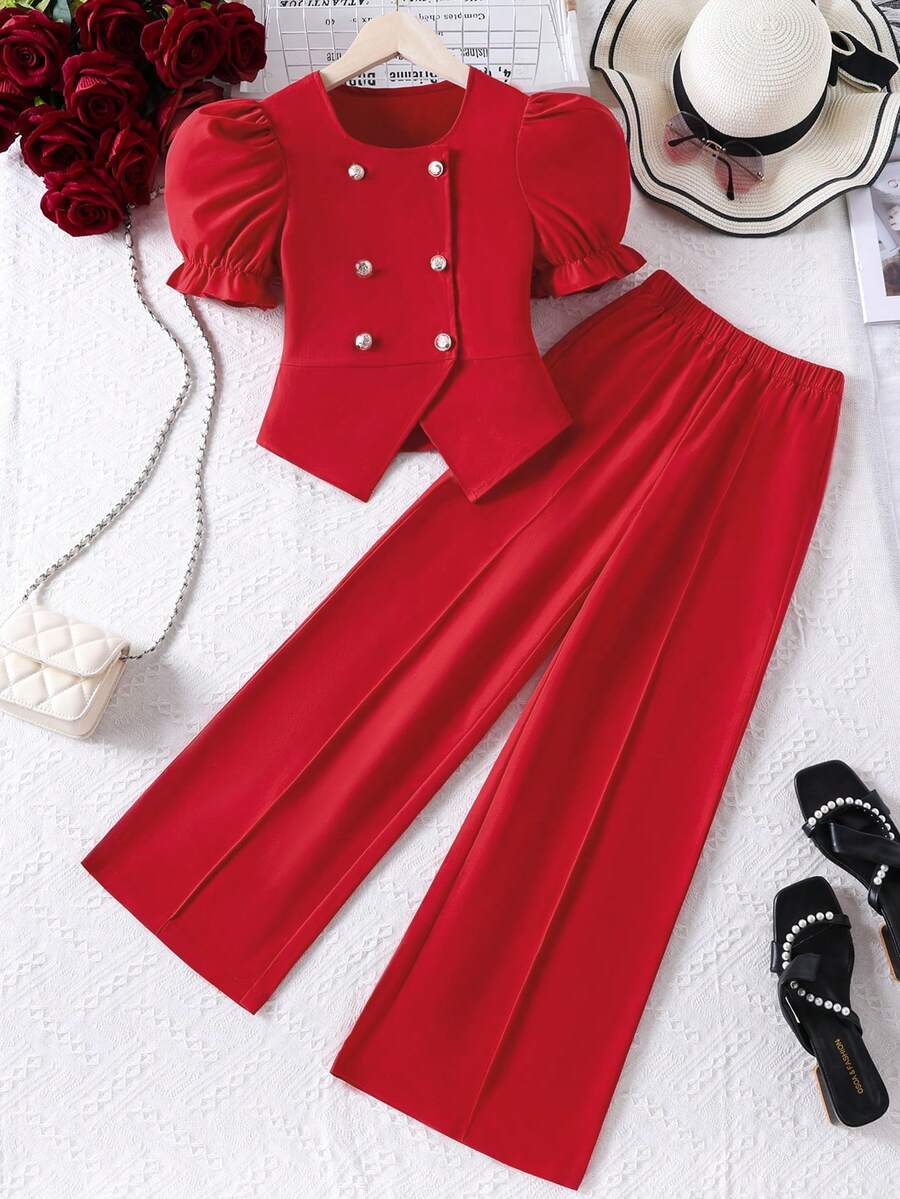 2pcs/Set Girls Elegant Puff Sleeve Round Neck Top And Casual Straight Leg Pants Outfit, Spring/Summer - Red - View 1