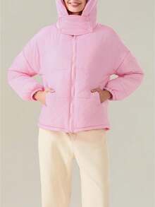 Women's Devil Horn Puffer Jacket Winter Warm Quilted Coat Long Sleeve Zip Up Outwear With Hood - 粉色 - 查看 1