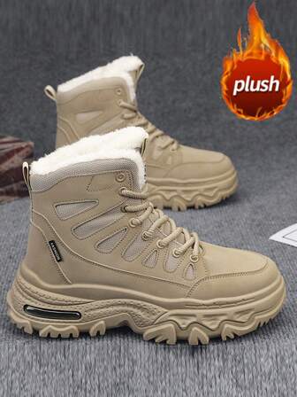 Herrsnökängor, Termofodrade, Tjocka för höst/vinter, Moderiktiga mångsidiga höga kängor till mitten av vaden, Halkfria, Köldtåliga, Snördesign, Fluffigt foder, Varma, Oumbärliga för utomhusbruk, Omfattande träningskängor för skidsporter, Läder- och mesh-skarvdesign, Mörk färg, Slitstarka, Smutsavvisande, Slitstarka arbetskängor