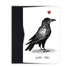 1pc Funny Crow "I Love You" Heart-Shaped Greeting Card, Black & White Minimalist Romantic Design With Red Heart Accents, Unique Anniversary, Valentine's Day Gift For Boyfriend, Girlfriend, Husband, Wife, Birthday Party & Couples Event Supplies - Multicolor - View 1