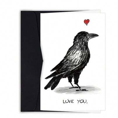1pc Funny Crow "I Love You" Heart-Shaped Greeting Card, Black & White Minimalist Romantic Design With Red Heart Accents, Unique Anniversary, Valentine's Day Gift For Boyfriend, Girlfriend, Husband, Wife, Birthday Party & Couples Event Supplies