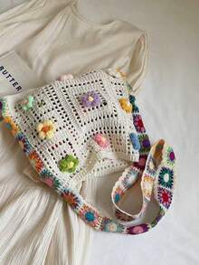 Bohemian Style Vintage Hollow Floral Contrast Color Casual Crossbody Bag Tote Bag For Holiday Vacation Outdoor Shopping (Flower Color/Pattern Randomly Distributed) (Strap Color/Pattern Randomly Distributed), Boho - White - View 8