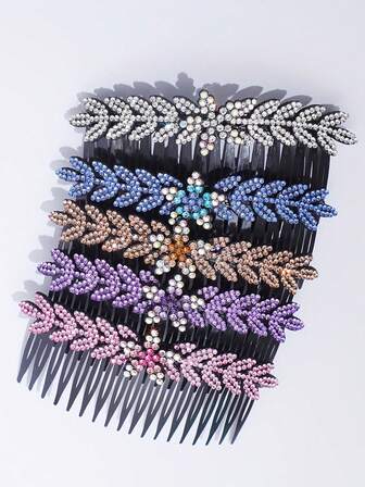 1pc Rhinestone 5-Pointed Flower 18-Tooth Hair Comb, Colorful Side Bangs Comb For Fixing Flyaway Hair, Suitable For Women To Style Bangs And Side Hair, Essential For Work, Commute, Party, Shopping, Travel, Headpiece