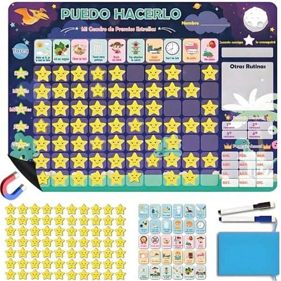 Tabla de Recompensas para Niños en Español, Tabla de Tareas para Niños de Pared para Refrigerador, Programa motivador de Buena Conducta con 15 Tareas y 140 Estrellas de Recompensa (Verde) - Azul - Ver 1
