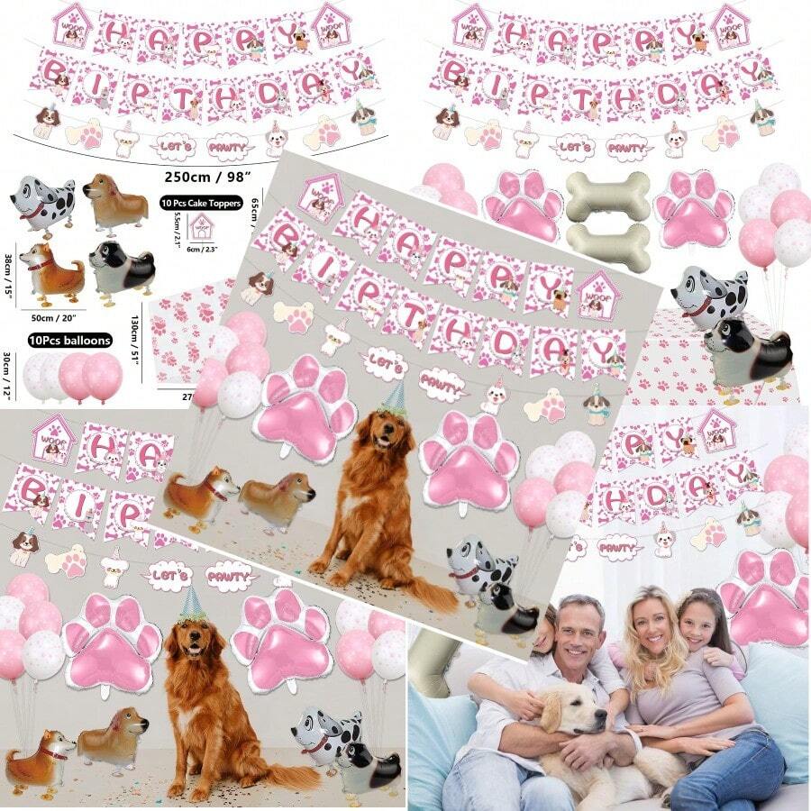 Decoración de fiesta temática para perros pancartas para perros let 's pawty bunting mantel de garra traje de blusa de pastel de fiesta de cumpleaños para perros y cachorros - A - Ver 1