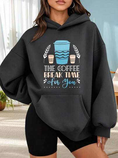 Suéter de moda con capucha al aire libre para mujeres Sudadera con Capucha Negra con Estampado de Tazas de Café y Texto The Coffee Break Time For You para Mujer Ideal para Ocio y Día a Día Combinar  de citas fuera de casa, regalos de vacaciones