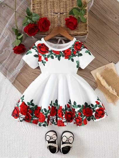 1pc Girls Floral Print Dress - Bright Color Polyester Knit, Casual Style, Suitable For Spring/Summer - Machine Washable, Girls Clothing
