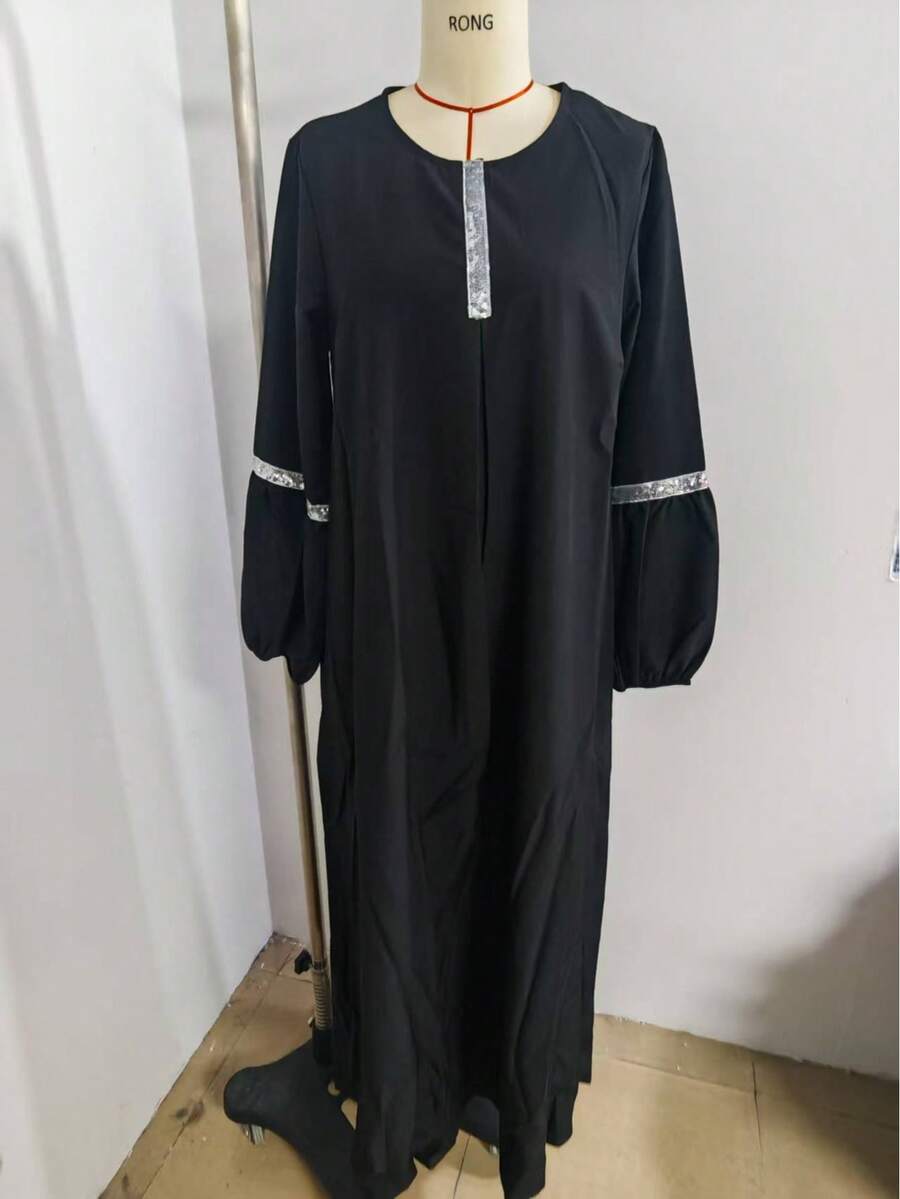 Women's Long Sleeve Loose Elegant Black Arabic Style Dress, Modest Abaya - Black - View 1