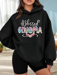 Fashionable Outdoor Hooded Sweater For Women. Black Hoodie With Floral Print And "Grandma" Text, Ideal For Everyday Wear, Special Occasions, And Spring/Summer Season. Perfect For Dates, Outings, And Holiday Gifts. The Best Choice For A Date Night. - 黑色 - 查看 6