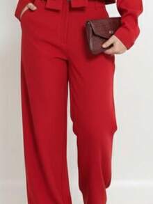 Aylla Set – Cropped Jacket And Wide-Leg Pants. Simple, Casual, Elegant, Cute, Button, Zipper, Pocket. - 紅色 - 查看 3