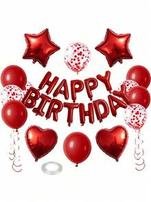 13/28 piezas de decoraciones de cumpleaños rojas, pancarta de globos rojos de feliz cumpleaños en 3D, globos de aluminio en forma de estrella de cinco puntas y corazón, set de globos de confeti coloridos, adecuado para suministros de fiesta de cumpleaños de niños y niñas, fiesta del Día de San Valentín - Multicolor - Ver 2