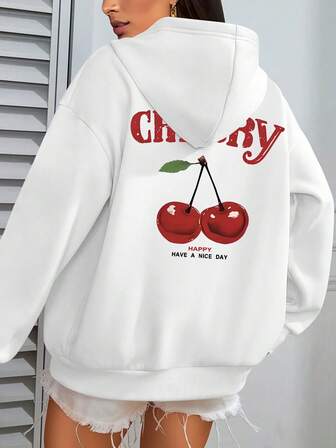 Plus Size Cherry, CHERRY, "HAPPY HAVE A NICE DAY" Text Printed Hoodie, Polyester Knitted Fabric With Pocket, First Choice For Autumn & Winter Street Wear
