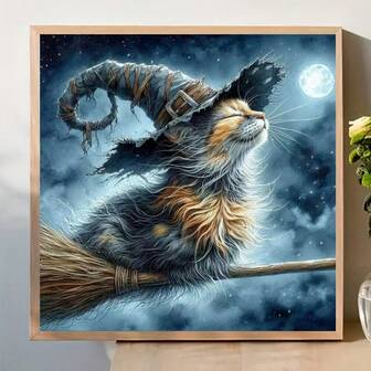 1pc15.75*15.75inch Unframed DIY Diamond Painting Set, 5D Mosaic Acrylic Round Diamond Artificial Diamond Cat Rides A Broom And Flies In The Moonlight. Full Diamond Art Embroidery Cross Stitch Handmade Diamond Painting, Diamond Painting Art Craft Wall Decoration