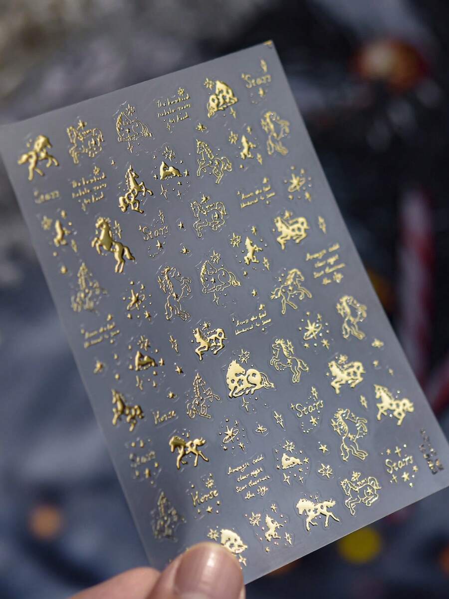 1张复古金色梦幻星河系列美甲贴纸，3D图案美甲装饰贴纸，DIY美甲贴花 - 金色 - 查看 1