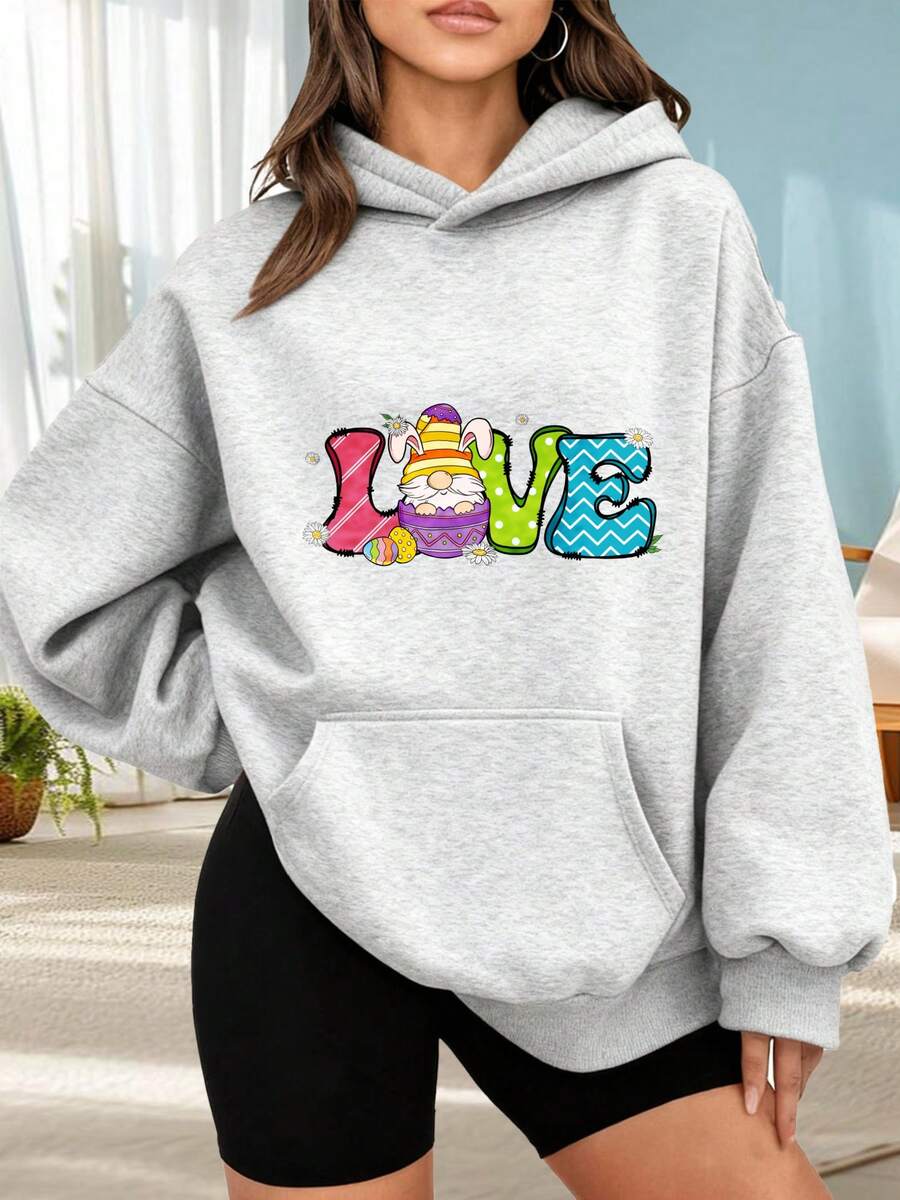 Fashionable Outdoor Hooded Sweater For Women. Black Hoodie With Easter Bunny Print And Vibrant LOVE Lettering For Everyday Wear, Social Occasions, Spring And Summer. Perfect For Dates, Holiday Gifts, And More. The Best Choice For A Date Night. - 淺灰色 - 查看 1