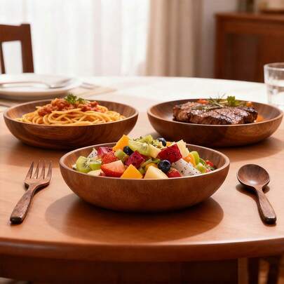 16厘米手工天然木质餐盘套装 - 复古餐具，适用于意面、沙拉、牛排 | 厨房餐具，简约复古风格餐盘，16厘米红木餐盘配勺叉套装，餐盘，深盘，碗，木盘，碟子，木碗，木碟