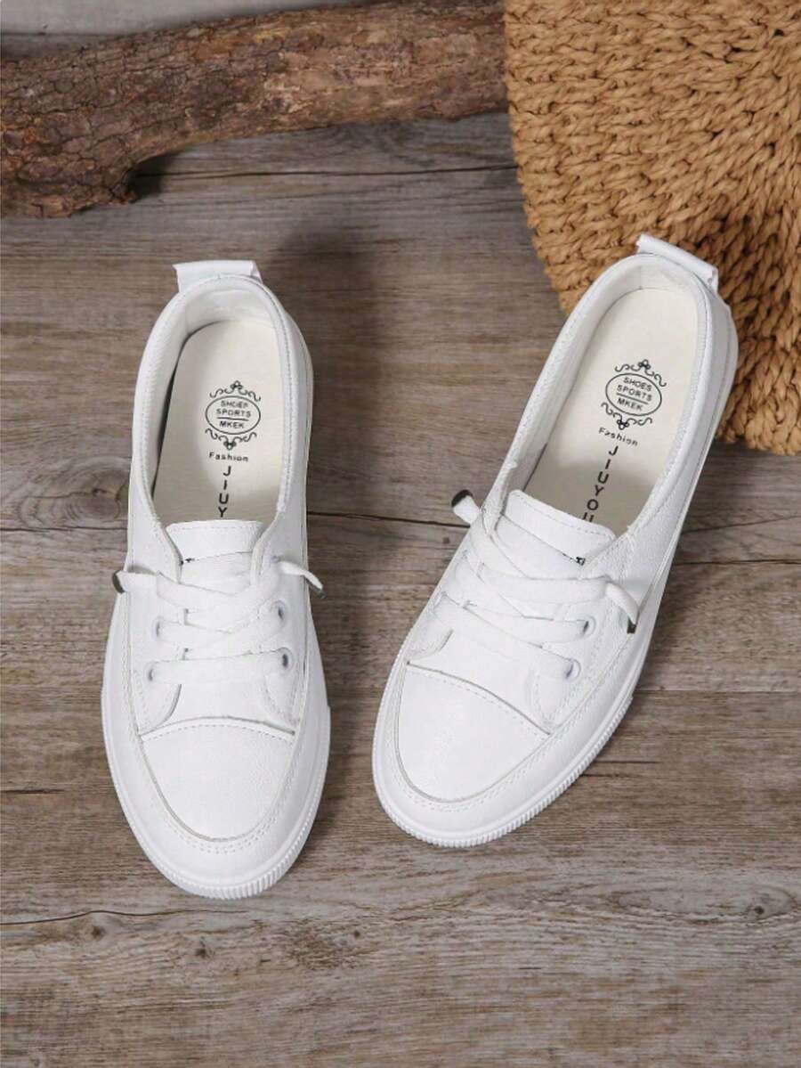 Plus Size Women White Sneakers, Fashion Black Flat Shoes, Casual Lace-Up Athletic Shoes For Students - 白色 - 查看 1