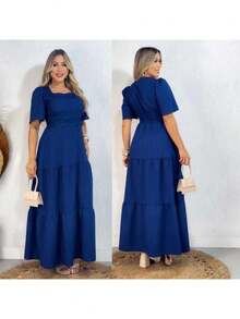 Long Evangelical Dress, Duna Onda Brand, With Princess Sleeves, Lace At The Waist And Elastic At The Back. - Màu xanh hải quân - Xem 2