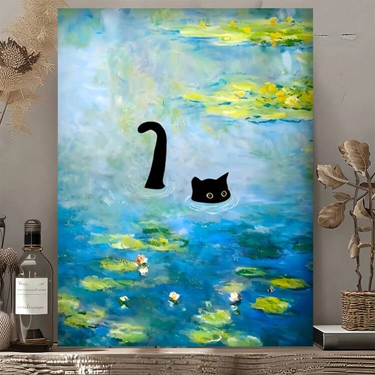 2D Plano, 1 Pieza, Pintura Decorativa de Estanque de Gato Flotante, Marco de Madera, Arte de Pared en Lienzo, Diseño Retro Moderno, Póster Impreso de Alta Calidad, Decoración Elegante para Oficina en Casa, 2D Plano - Multicolor - Añade 7