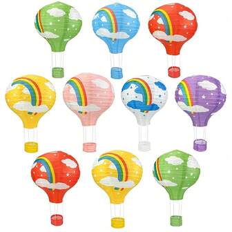 10个彩虹热气球纸灯笼，12英寸可重复使用派对灯笼，适用于DIY工艺品、家居和派对装饰、婚礼、婚庆、生日、一般庆祝活动、节日装饰（斋月、新年、圣帕特里克节、情人节）