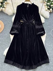 女士复古收腰天鹅绒长连衣裙，灯笼袖，秋冬黑色春季优雅款 - 黑色 - 查看 2