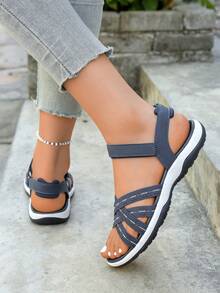 2026 Colorblock Elastic Criss-Cross Strap Hook And Loop Sports Sandals, Suitable For Spring/Summer Outdoor Activities - Navy Blue - View 6