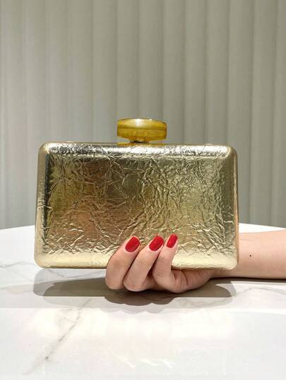 1个纯色反光PU手拿包，闪亮经典方形晚宴包，时尚金属链条斜挎包，适合宴会、派对、婚礼、正式场合