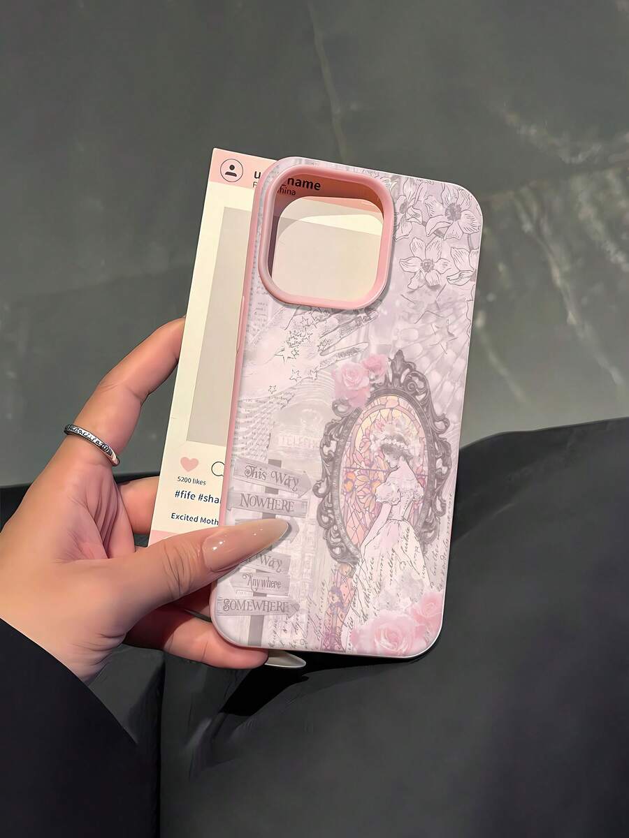 Estuche para teléfono elegante con diseño de espejo de mano floral vintage dibujado a mano Adecuado para 17 16 Pro Max 15 Pro Max 13 y 12 Hecho de material de TPU con funciones de protección anticaídas y anticaídas Una opción de regalo perfecta para familiares, amigos, amantes y parejas ideal para celebraciones navideñas - Rosa - Ver 1