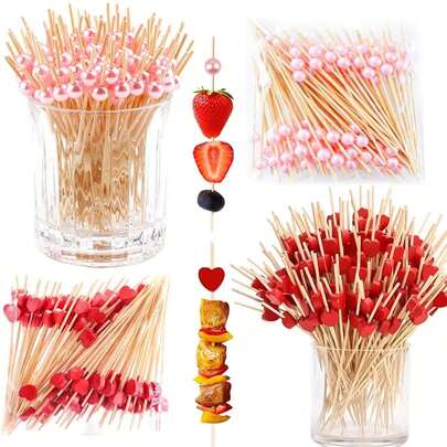 4.7" Red Heart & Pearl Bamboo Cocktail Picks Set, Suitable For BBQ, Appetizers, Fruit Burgers, Parties, Gifts, Celebrations, Birthday Parties, Cocktails, Thanksgiving