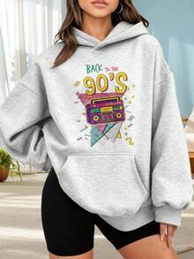 Fashionable Outdoor Hooded Sweater For Women. Black Hoodie With Retro Radio Print And "Back To The 90s" Text. Ideal For Everyday Wear, Parties, And The Fall/Winter Season. Perfect For Dates, Outings, And Holiday Gifts. The Best Choice For A Date Night. - 淺灰色 - 查看 6