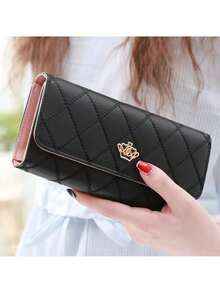 YUQING.FC Cartera larga de diseño geométrico con corona decorativa de tríptico #Hg001, regalo para volver a la escuela, regalo para estudiantes universitarios, regalo para niñas - Negro - Ver 3