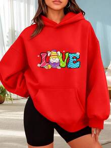 Fashionable Outdoor Hooded Sweater For Women. Black Hoodie With Easter Bunny Print And Vibrant LOVE Lettering For Everyday Wear, Social Occasions, Spring And Summer. Perfect For Dates, Holiday Gifts, And More. The Best Choice For A Date Night. - 紅色 - 查看 1