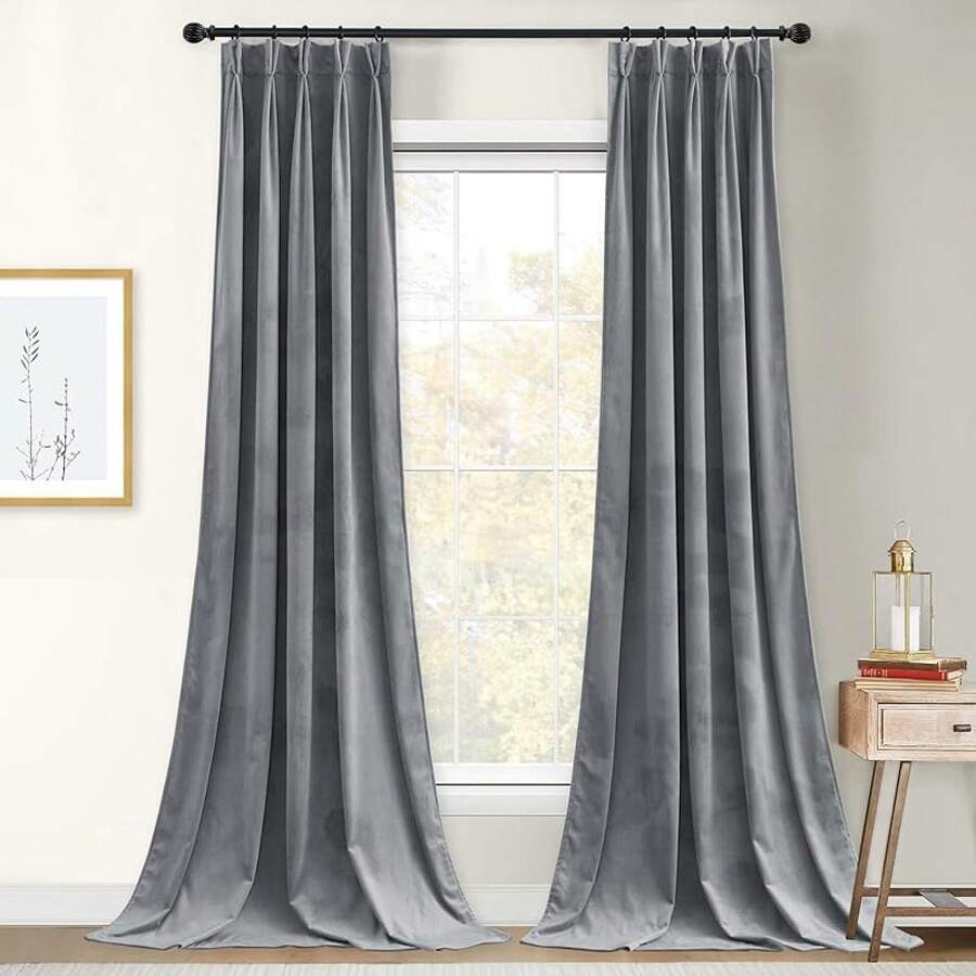 Olive Green Pinch Pleated Curtains 96 Inches Long, Thermal Insulated Window Drapes With Hooks, Soft Track System Panels Living Room, W38 X L96, 2 Panels, Home Decor - 灰色 - 查看 1