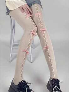 1双洛丽塔蝴蝶结渔网袜，薄款性感镂空连裤袜，白色 - 彩色 - 查看 7