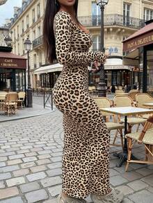 Elegant Long Sleeve Fitted Dress - Ribbed Knit Fabric, Round Neck Design, Slim Fit, Easy To Create Fashionable Look. Tip: For A More Fitted Effect, It Is Recommended To Choose One Size Smaller. - Multicolor - View 3